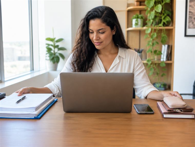Mulher organizando o trabalho e a vida pessoal na mesa
