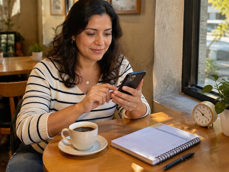 Mulher respondendo perguntas rápidas no celular num café