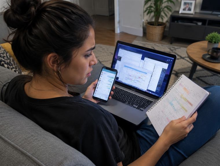 Mulher dividida entre celular, caderno e computador